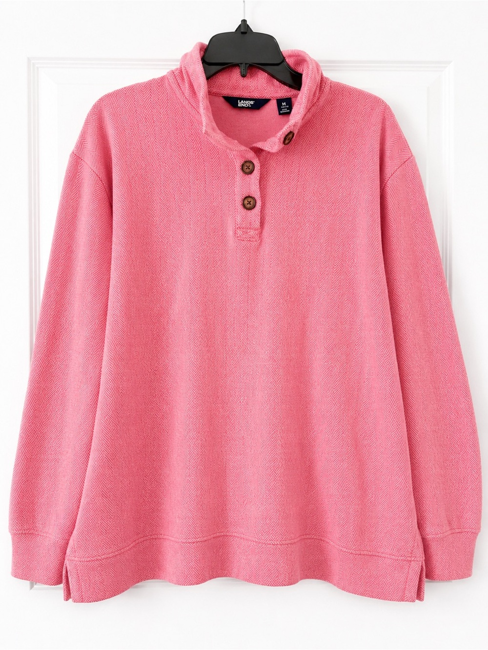 Lands' End Women’s Herringbone Pullover Size M Pink Funnel Neck Sweatshirt
